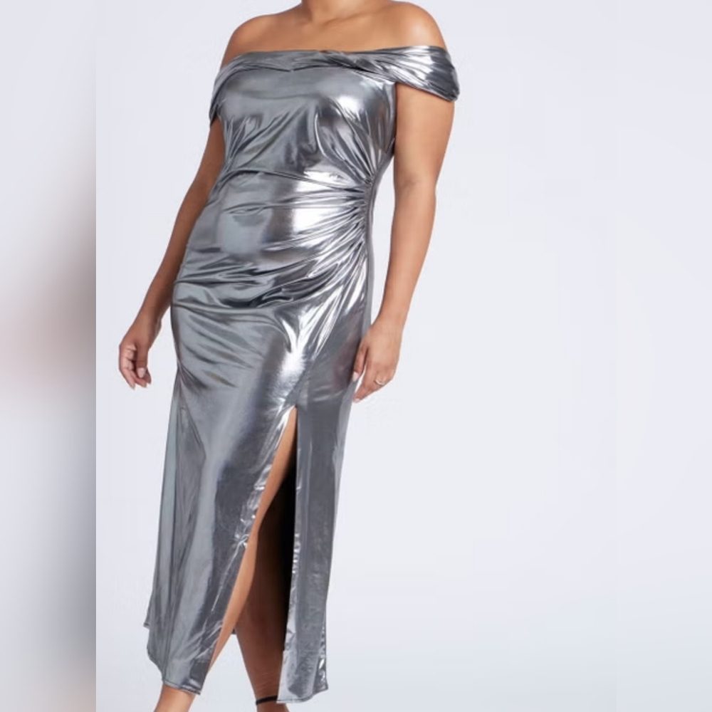 Eloquii Metallic Silver Strapless Ruched Gown with Front Slit